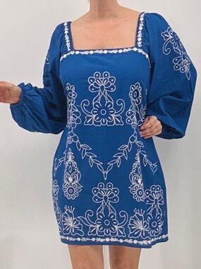 Adrianna Papell Boho Coquette Girl Embroidered Long Sleeve Babydoll Dress